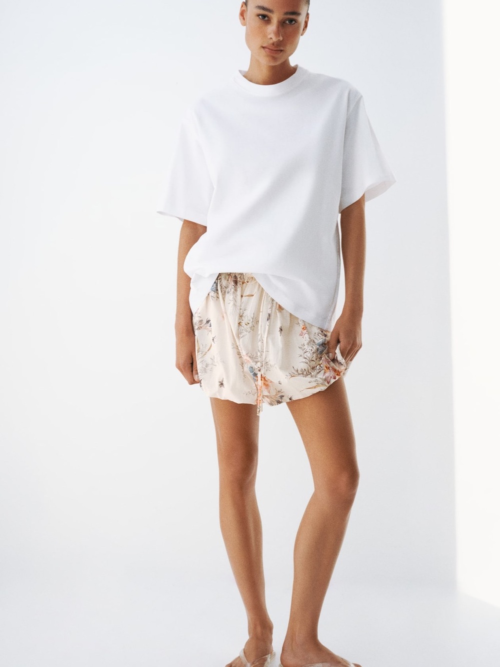 H&M Cream Floral Elastic-Waist Skater Skirt with Pink & Blue Accents